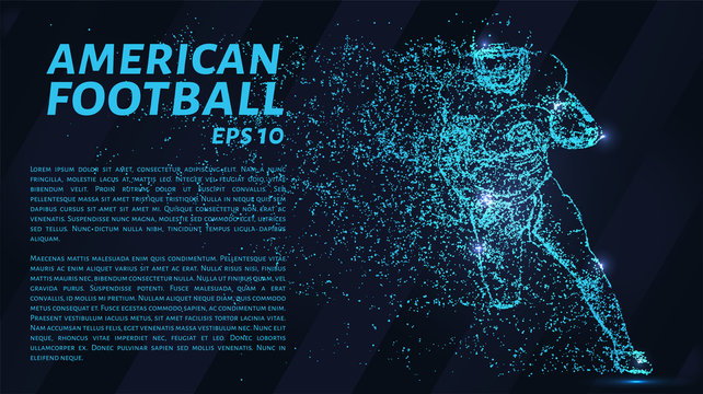 American football made up of particles. Football player throws a ball. Vector illustration.