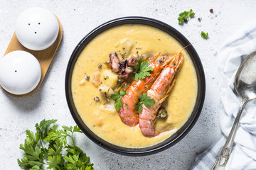 Chowder soup with seafood and prawn shrimps.