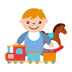 cute baby boy sitting with rocking horse train toy