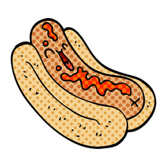 cartoon doodle hotdog in bun with ketchup