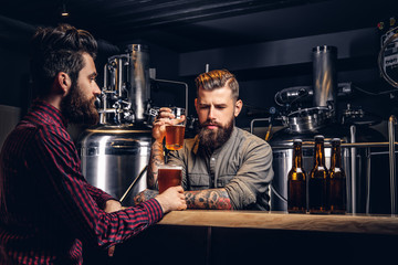 Two stylish bearded hipsters friends drinking craft beer together at the indie brewery.