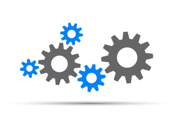 Blue and grey gears and cog wheel on a white background and shadow