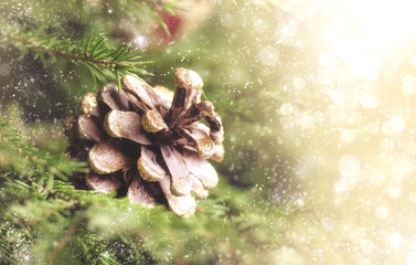 Christmas or New Year blurred bokeh background with festive fir tree and pine cones, selective focus