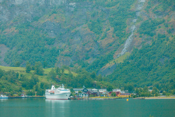 Cruise ship on fjord Sognefjord in Flam Norway