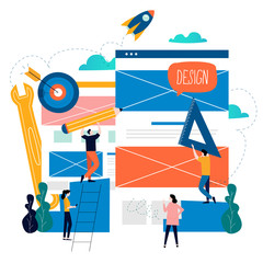 Website development, web page construction, landing page building process, website layout and interface development flat vector illustration design for mobile and web graphics. Web design concept