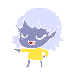 happy flat color style cartoon elf girl pointing