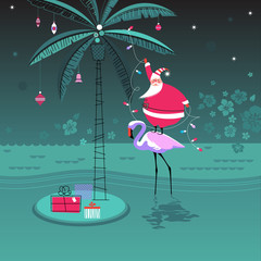 Cute little Santa Claus stands on flamingo decorating palm tree with Christmas ornaments and garland lights. Tropical happy holidays concept. Vector illustration.