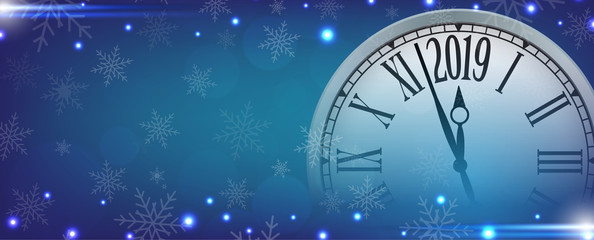Fototapeta na wymiar Vector 2019 Happy New Year with retro clock on snowflakes blue background