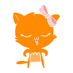 flat color style cartoon cat with bow on head