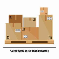 Vector illustration in flat style of the stack of cardboards standing on the wooden pallet. Warehouse equipment concept.