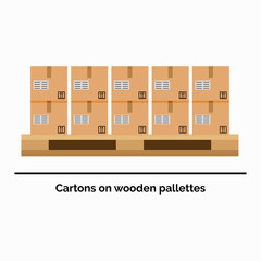 Vector illustration in flat style of the stack of cardboards standing on the wooden pallet. Warehouse equipment concept.