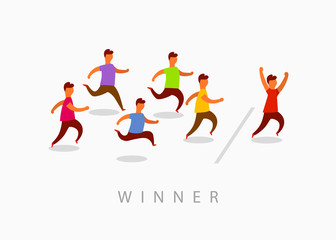 Man crossing finish line finishing first in a race. Never give up. Flat style vector illustration.