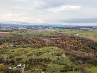 Aerial of the small town of Elkton, Virginia in the Shenandoah Valley with Mountains in the Distance