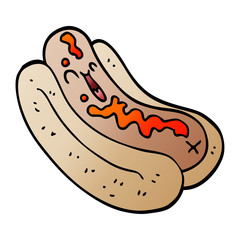 cartoon doodle hotdog in bun with ketchup