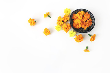 Dia de los Muertos, Mexican Day of the Dead desk composition. Orange tagetes, marigold and yellow...