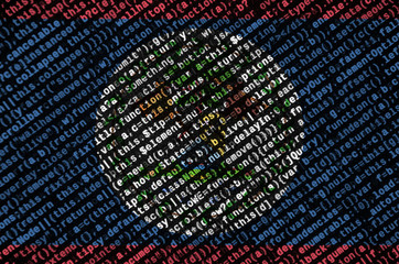 Belize flag  is depicted on the screen with the program code. The concept of modern technology and...