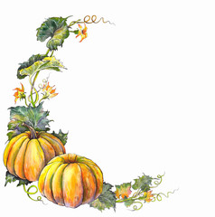 Autumn border with pumpkins, leaves, flowers and branches. Watercolor illustration.