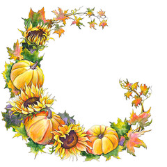 Colorful autumn border with pumpkins, sunflowers, leaves and branches. Watercolor illustration.
