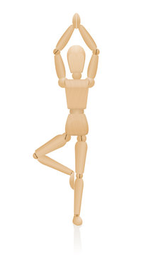 Standing yoga pose. Tree Pose or Vrikshasana. Wooden figure standing on one leg with arms raised above the head -   exercise for balance, relaxation, concentration and  meditation.  Vector over white.