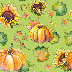 Colorful seamless pattern with pumpkins, sunflowers and leaves. Watercolor on green background.