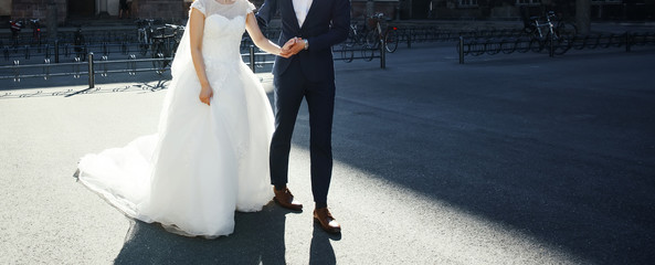 young wedding couple holding hands, groom and bride
