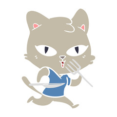 flat color style cartoon hungry cat
