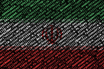 Iran flag  is depicted on the screen with the program code. The concept of modern technology and...