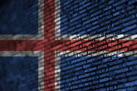 Iceland flag is depicted on the screen with the program code. The concept of modern technology and site development