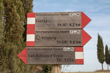 san quirico d'Orcia tuscany italy road sign travel distance