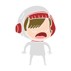 flat color style cartoon astronaut woman explaining