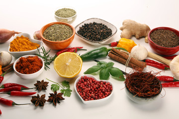 Spices and herbs on table. Food and cuisine ingredients.