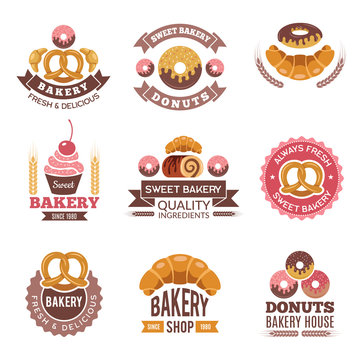 Bakery shop logo. Donuts cookies fresh food cupcakes and bread pictures for vector badges design of bakery market. Illustration of bakery emblem, badge logo cake