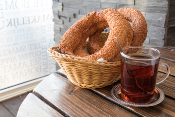 simit and turkish tea on a breakfast table