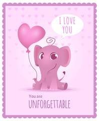 Baby elephant poster. Kids invitation with picture of cute and funny adorable little african elephant vector card or placard template. Illustration of elephant animal on greeting card for baby
