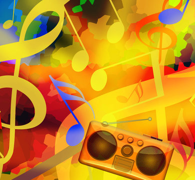 Music playing background with dancing musical notes and radio