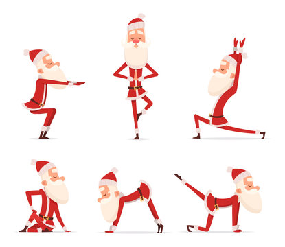 Santa yoga poses. Christmas winter holiday sport healthy character standing in various relax poses vector cute mascot isolated. Illustration of santa claus yoga