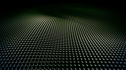 Modern abstract chrome surface wave. Metal grid of bright green metal spheres creating curved plane. Futuristic technology concept 3D illustration. Stylized Hi-Tech backdrop with Field of View