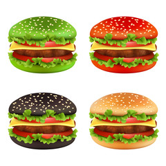 Colored burgers. Fast food black cheeseburger bread of different colors and ingredients meal beef tomato fries delicious food vector. Hamburger and burger, black green and red fast food illustration