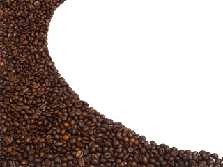 Isolated coffee beans arrange in curve line shape for background and texture. Copy space