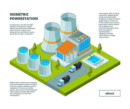 Electric factory. Power plant electrical generation tools buildings with turbines tubes production support vector isometric buildings. Electricity power station, electric building illustration