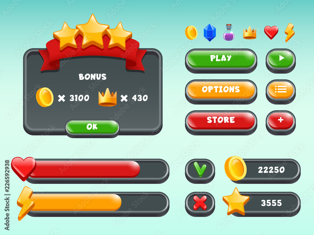 Poster Games gui set. Mobile gaming user interface icons and items colored button status bar ribbons casual build vectors. Illustration of game button graphic, mobile app menu template