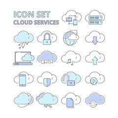 Cloud data icons. Global connection internet online secure technology web safety digital platform system vector symbols isolated. Cloud information on shield, server cyber online illustration