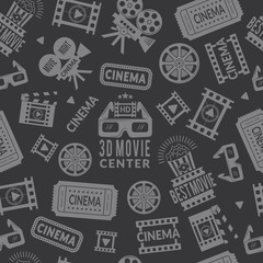 Cinema pattern. Seamless background with symbols of cinema and films production. Vector cinema production film, camera and entertainment background illustration