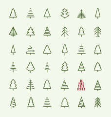 Thin Line Pine Tree Icon Set - A collection of 35 christmas tree line icon designs on light background - 226593515