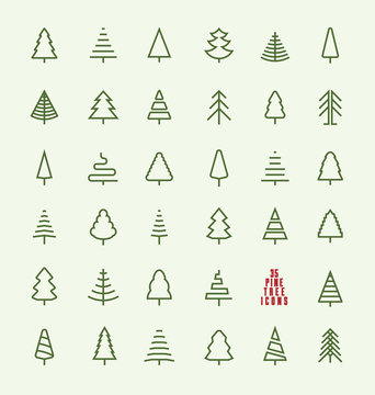 Thin Line Pine Tree Icon Set - A collection of 35 christmas tree line icon designs on light background