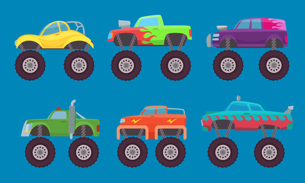 Monster truck cars. Automobiles with big wheels creature auto toy for kids vector pictures isolated. Illustration of 4x4 truck car, model toy motor