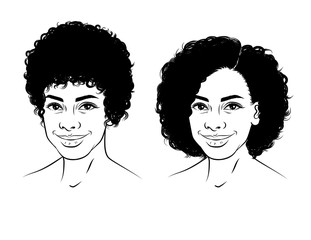 Black and white linear illustration of the face of a girl with curly short hair. Beautiful African American girl is smiling. Portrait of a happy young woman in sketch style isolated from background