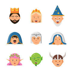 Fairytale avatars collection. Fantasy game characters warrior queen barbarian goblin princess vector mascot in flat style. Warrior characterer and princess royal illustration