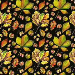 Seamless pattern with oak leaves, chestnuts and acorns. Watercolor on black background.