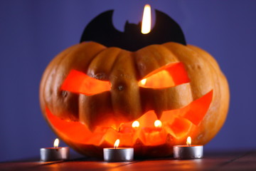 Halloween pumpkin. Candles, bat and glowing pumpkin. Harvest for Halloween. Dark atmosphere for holiday. Bat and light of candles. Pumpkin on wooden boards